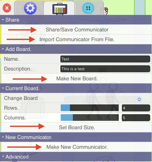 The PiCom board settings tab with the import, export, share and new board controls highlighted
