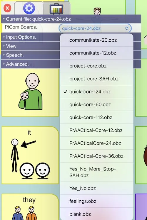 The PiCom Boards drop-down listing the included communicator templates