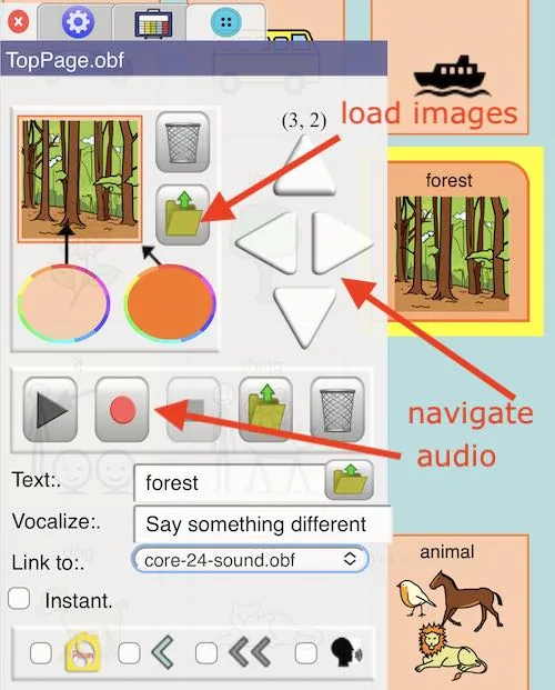 The PiCom button editor showing the image, colour, label and vocalise fields