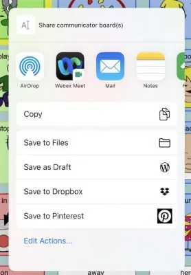 The iPad share sheet showing options for sending a PiCom board