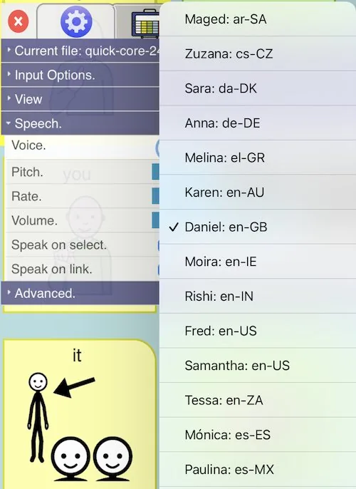 The PiCom speech settings with a list of available voices